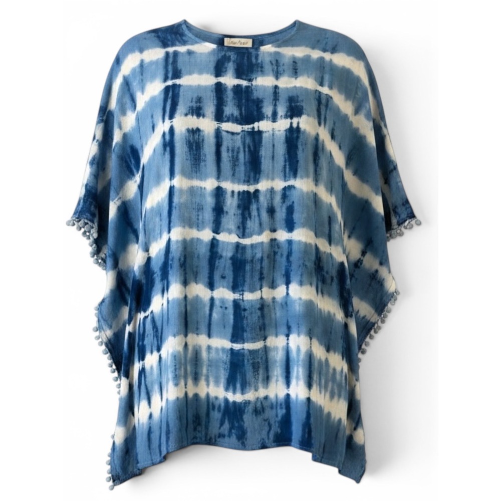 Charlie Paige Blue Tie Dye Poncho Top‎ Pom Pom Trim Swim Suit Cover One Size